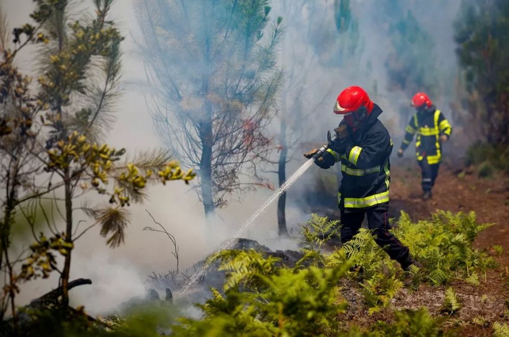 Bombeiros trabalham para conter fogo em Louchats, enquanto inc&ecirc;ndios continuam a se espalhar na regi&atilde;o de Gironda, na Fran&ccedil;a. &mdash; Foto: Sarah Meyssonnier/Reuters