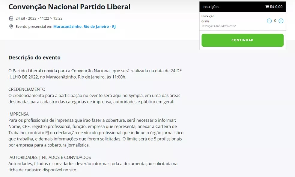 Site onde são retirados ingressos para convenção de Bolsonaro — Foto: Reprodução 