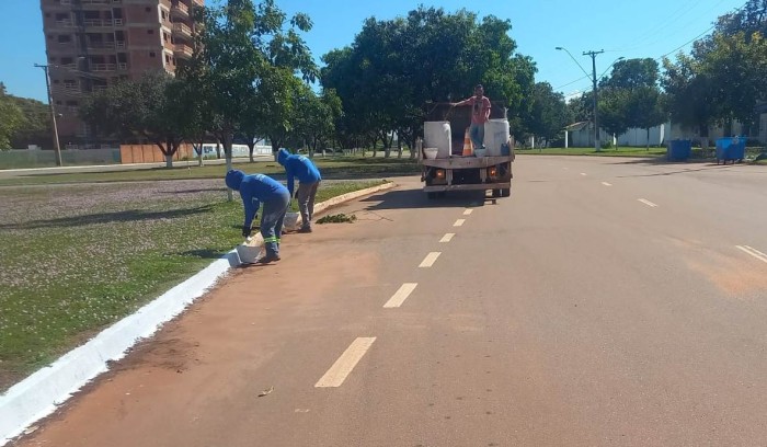 Pintura de meios-fios na Avenida NS-6 em andamento na manhã desta quarta-feira, 3 - Fotógrafo:Seisp/Divulgação